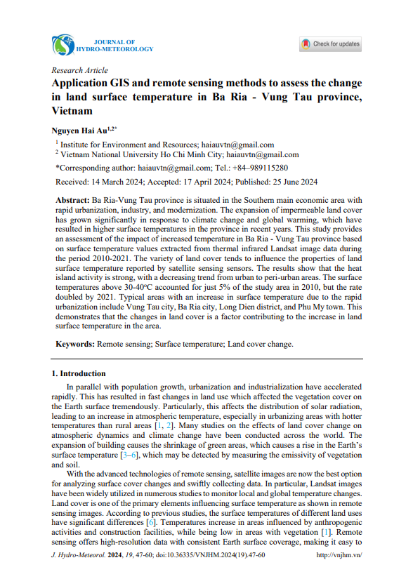 Application GIS and remote sensing methods to assess the change  in land surface temperature in Ba Ria - Vung Tau province,  Vietnam