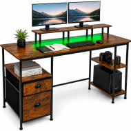 Escritorio Gamer Minimalista 3 Repisas Luz Led Contactos Usb Marrón