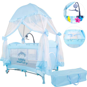 Corral Bebe Toldo Cuna Movil Musical Mosquitero Plegable Azul Liso
