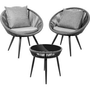 JARDIMEX Set 2 Sillas Mesa Vidrio Exterior Tejido Mimbre Cojines Gris