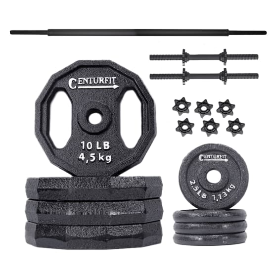 Centurfit Kit Pesas 50 Lb Discos Barra Mancuernas 17 Piezas Gym Casa Negro