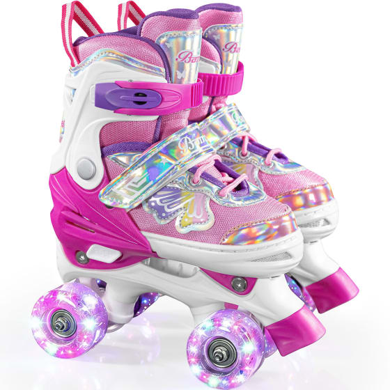 LITTLE MONKEY Patines Quad 4 Ruedas LED RGB Ajustables Rosa Chica