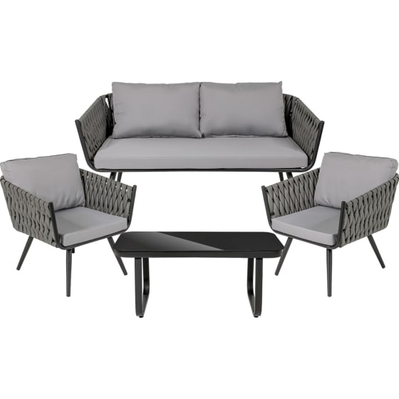 JARDIMEX Sala Exterior Tejido Rattan 4 Piezas Mesa Vidrio Cojines Gris