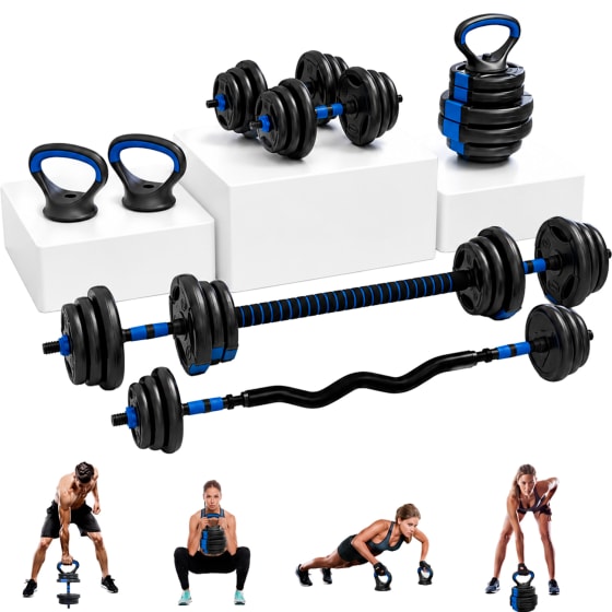 Kit Mancuerna Ajustable 20 Kg Pesas Barra Kettlebell Pro Azul