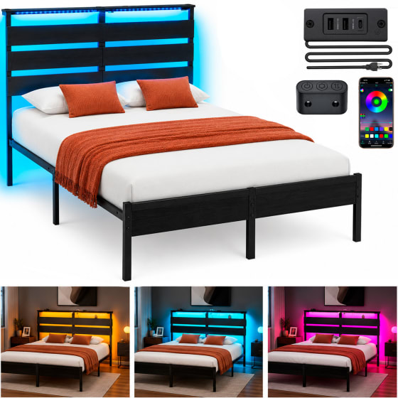 Base Cama Matrimonial Reforzada 750kg Cabecera Luz Led Usb C Negro