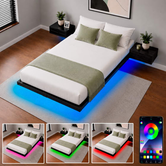 HOUZER Base Cama Flotante Individual Luz LED RGB Acero 300 kg Negra