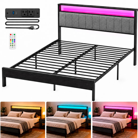 HOUZER Base Cama Cabecera Tapizada Luz LED Puerto USB Acero Tipo Madera