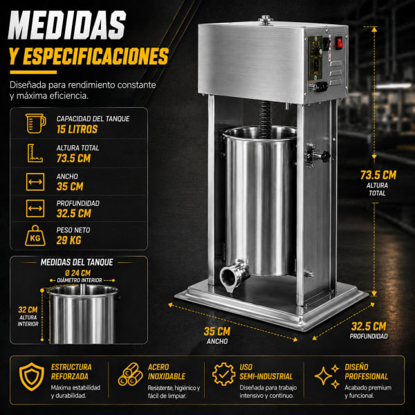 Diagrama de medidas de GUTSTARK Embutidora Electrica Industrial 15 L 1500 W Chorizo Salchicha