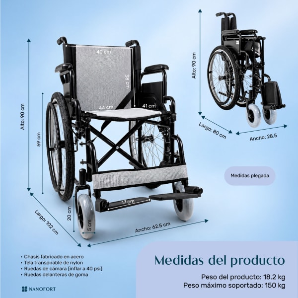 Diagrama de medidas de NANOFORT Silla Ruedas Plegable Todo Terreno Reposabrazos Abatible Negra