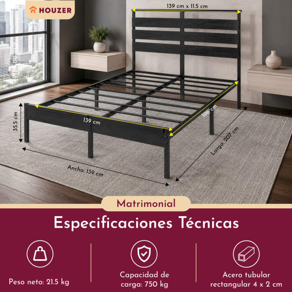 Diagrama de medidas de Base Cama Matrimonial Reforzada 750kg Cabecera Luz Led Usb C Negro