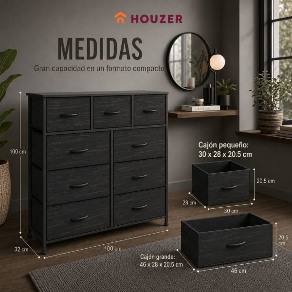 Diagrama de medidas de Comoda Cajonera 9 Cajones Tela Marco Acero Organizador Gris