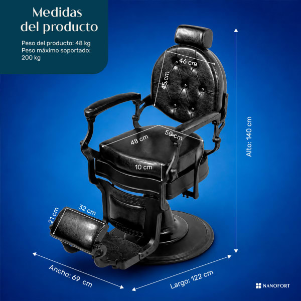 Diagrama de medidas de NANOFORT Sillon Barberia Reclinable Giratorio Hidraulico Base Disco Negro