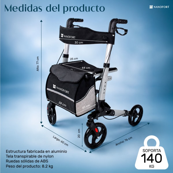 Diagrama de medidas de NANOFORT Andadera Ortopedica Plegable Adulto Mayor Aluminio Negra 140 kg