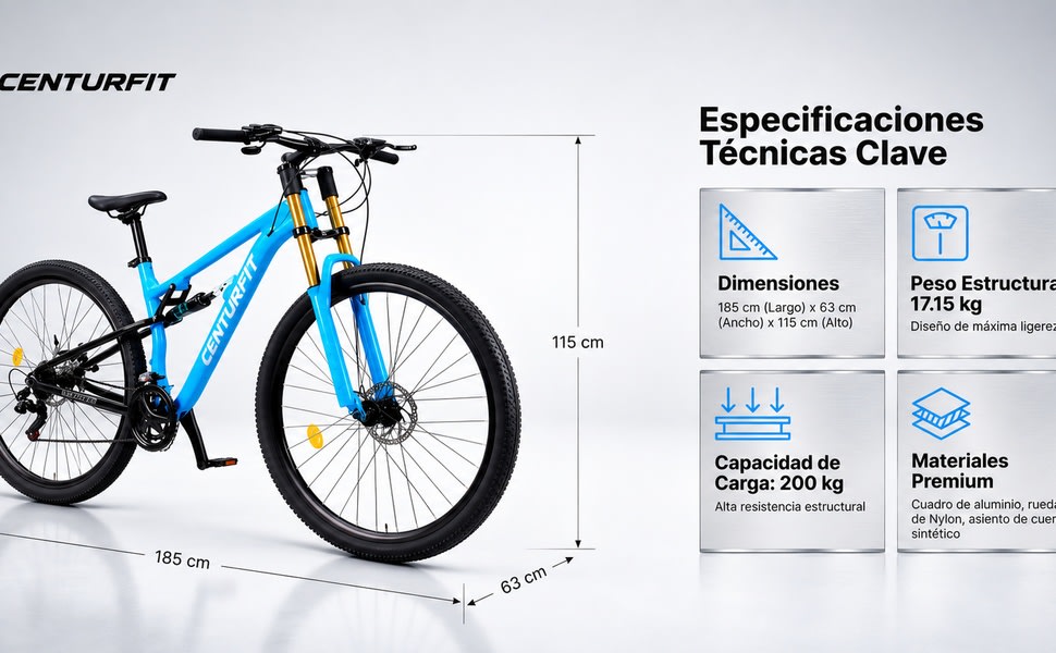 CENTURFIT Bicicleta Montana Rodada 29 Doble Suspension Frenos Disco Azul - detalle 2
