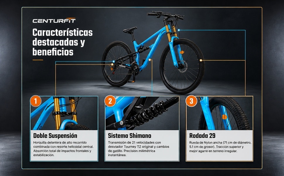 CENTURFIT Bicicleta Montana Rodada 29 Doble Suspension Frenos Disco Azul - detalle 3