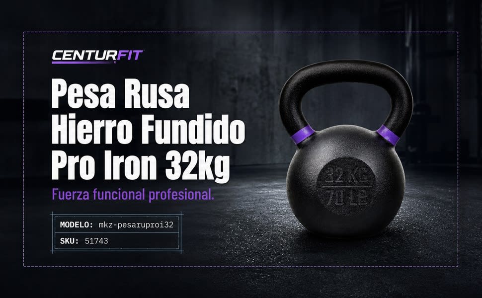 Pesa Rusa Kettlebell 70 Lb Hierro Fundido Crossfit Cast Iron Negro - detalle 1