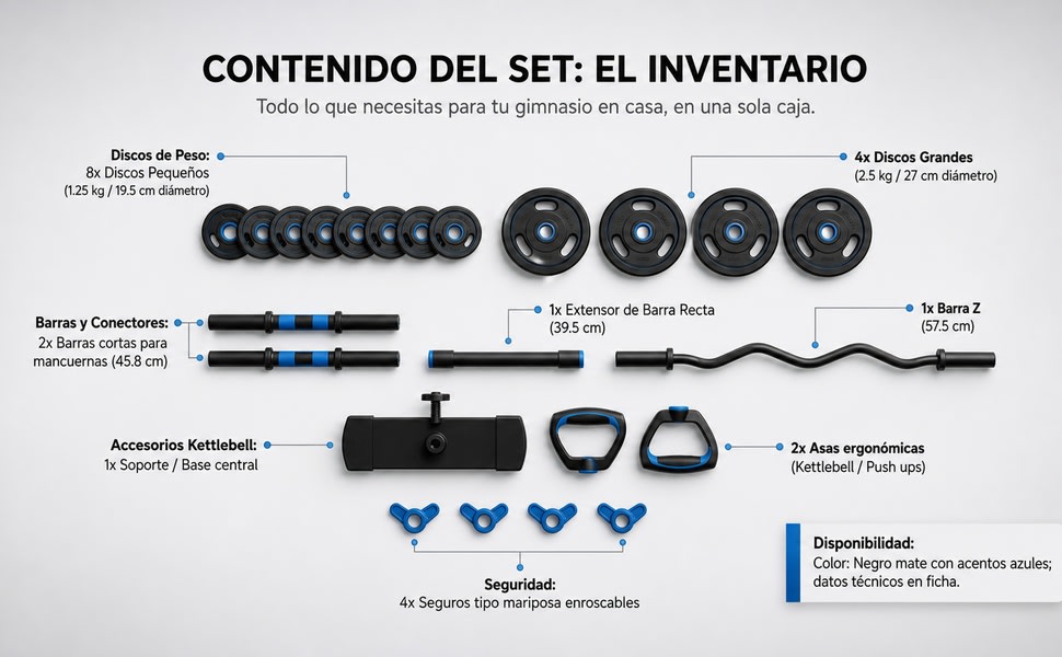 Kit Mancuerna Ajustable 20 Kg Pesas Barra Kettlebell Pro Azul - detalle 4