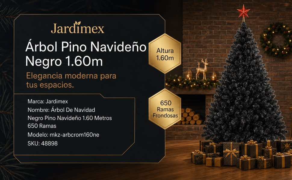 JARDIMEX Arbol Navidad Negro 1.60 Metros 650 Ramas Base Desmontable - detalle 1
