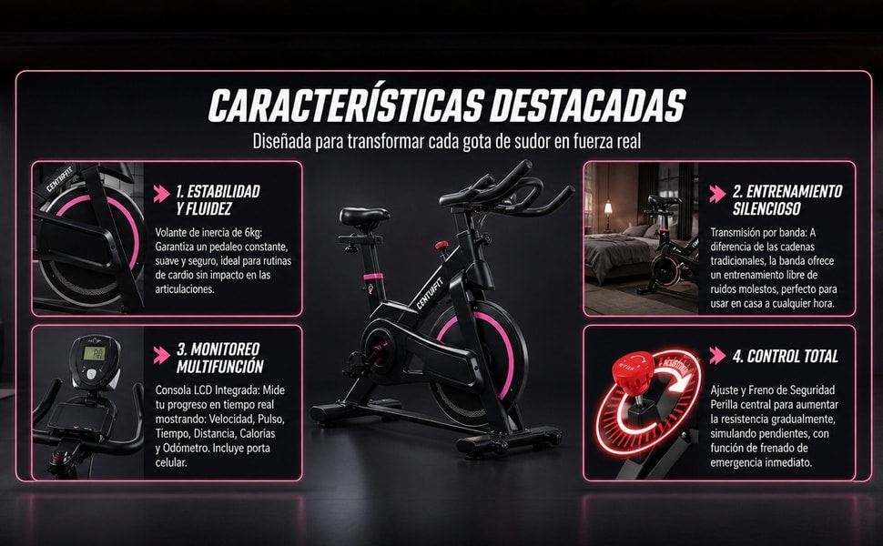 CENTURFIT Bicicleta Fija Spinning Disco 6 KG Monitor LCD Cardio Negro Rosa - detalle 3