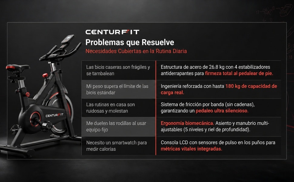 Centurfit Bicicleta Spinning 13kg 180kg Pantalla Pulso Porta Celular Negra - detalle 5