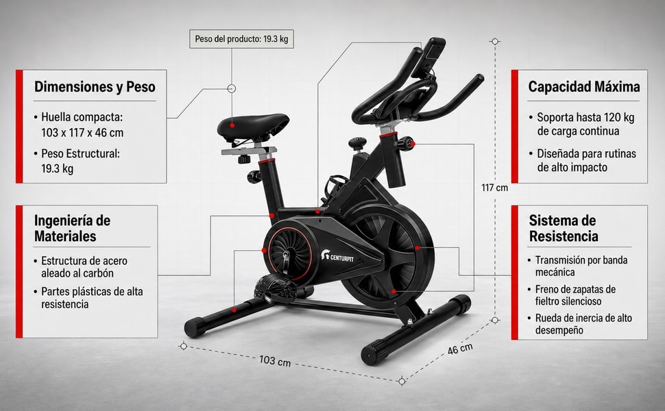 CENTURFIT Bicicleta Spinning Monitor Digital Asiento Muelles Acero Negra - detalle 2