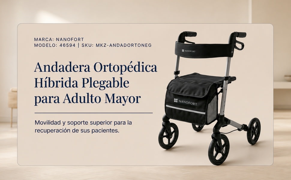 NANOFORT Andadera Ortopedica Plegable Adulto Mayor Aluminio Negra 140 kg - detalle 1
