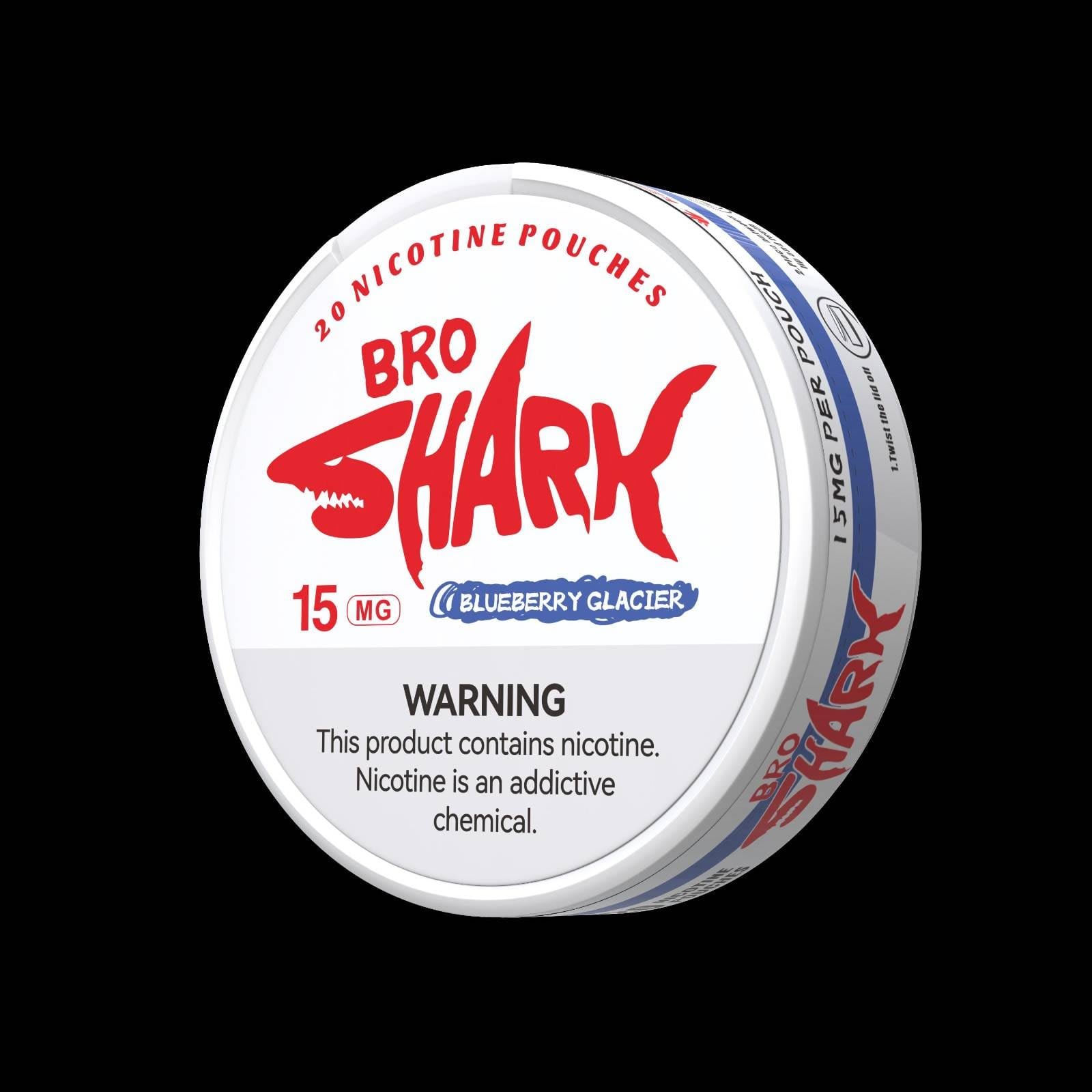 Bro Shark Blueberry Glacier 15mg nicotine pouch container with warning label