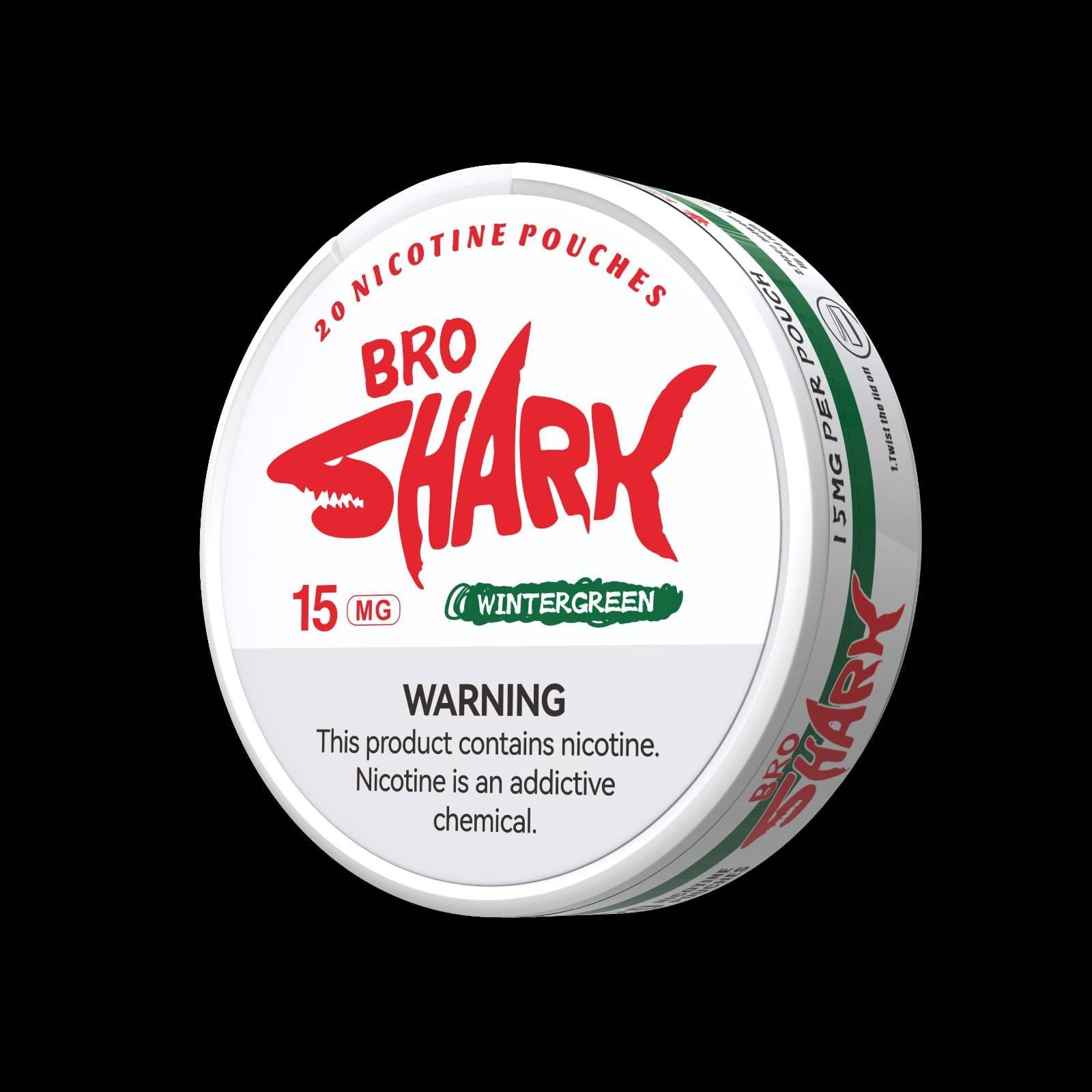 Bro Shark Wintergreen 15mg nicotine pouch container with warning label