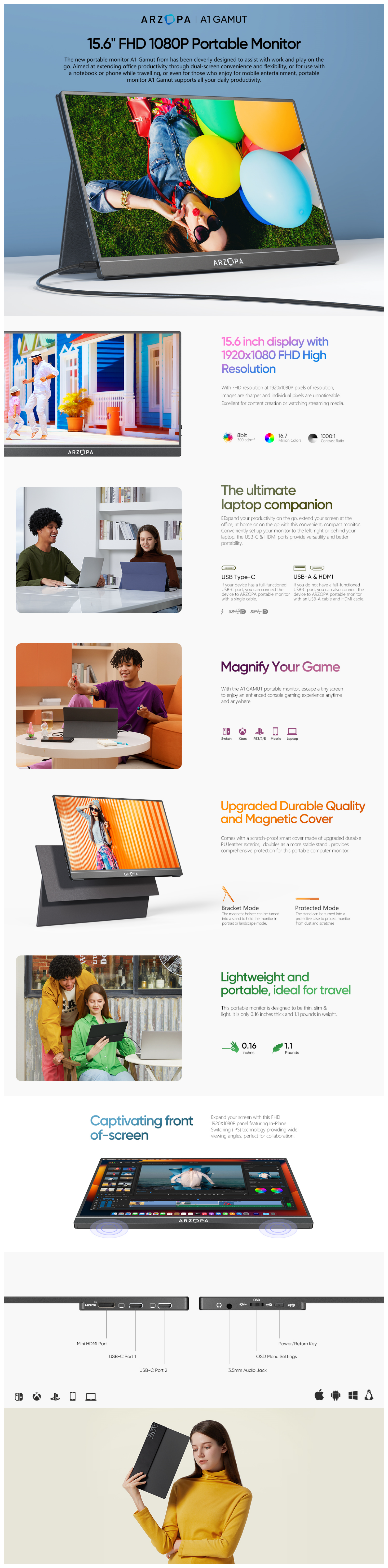 ARZOPA 15.6in Portable Monitor 1920*1080, 60Hz Refresh Rate, HDR