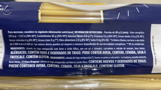 Rótulo do produto Macarrão de Sêmola com Ovos
