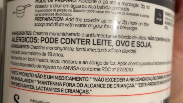 Rótulo do produto Creatina Monohidratada