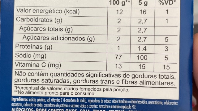 Rótulo do produto Gelatina