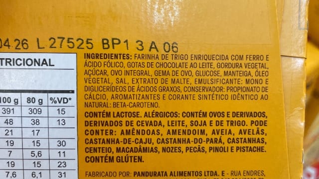 Rótulo do produto Produto de Panificação com Gotas de Chocolate
