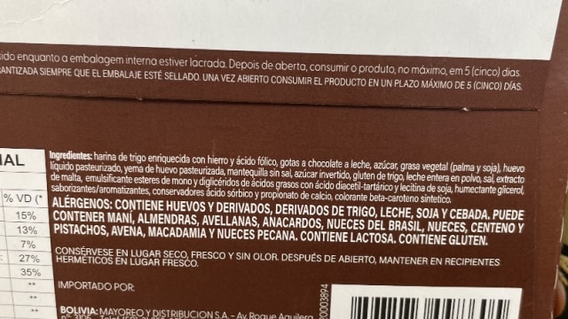Rótulo do produto Produto de Confeitaria com Chocolate