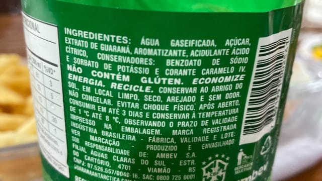 Rótulo do produto Refrigerante de Guaraná (Guaraná Antarctica)