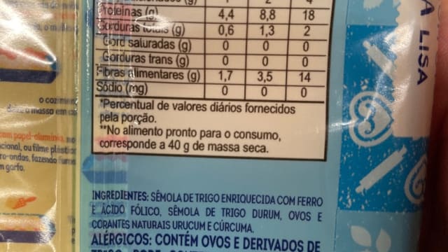 Rótulo do produto Lasanha Lisa