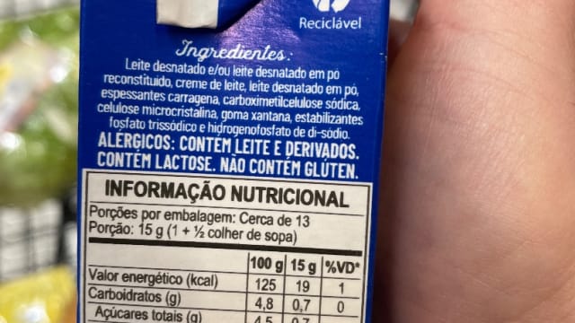 Rótulo do produto Creme de Leite UHT com Estabilizantes