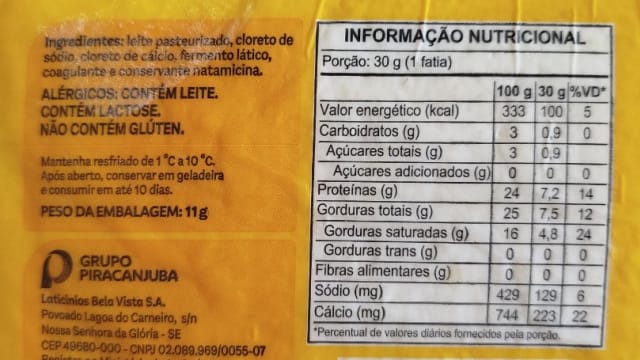 Rótulo do produto Queijo (Laticínio Piracanjuba)