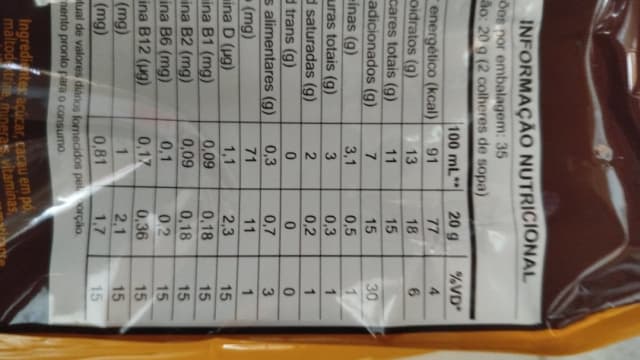 Rótulo do produto Achocolatado em Pó