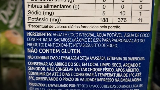 Rótulo do produto Água de Coco
