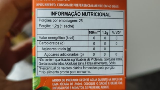 Rótulo do produto Chá de Mate com Limão, Laranja e Aromatizante