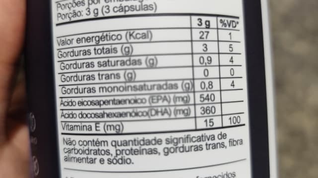 Rótulo do produto Suplemento de Ômega 3 (EPA e DHA) + Vitamina E