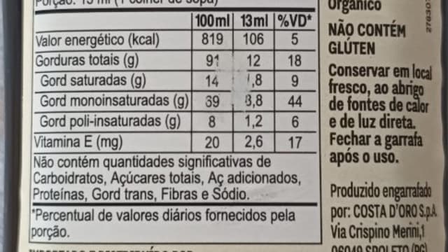 Rótulo do produto Azeite de Oliva Extra Virgem Orgânico