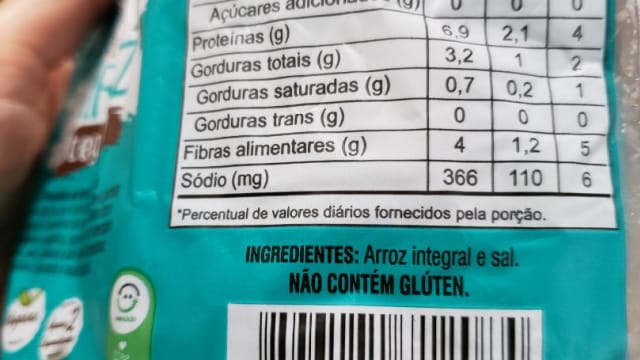 Rótulo do produto Snack de Arroz Integral