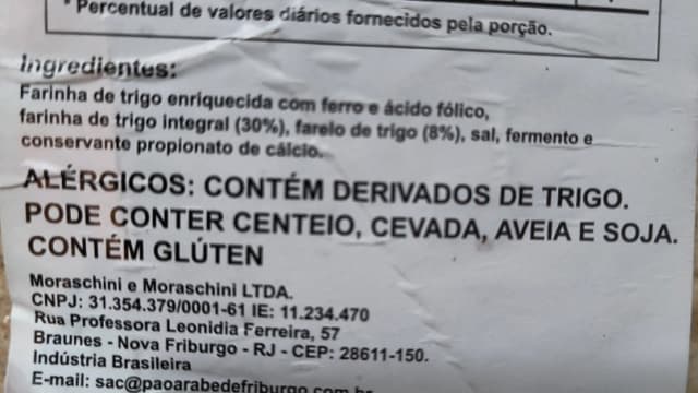 Rótulo do produto Pão Tipo Árabe Integral