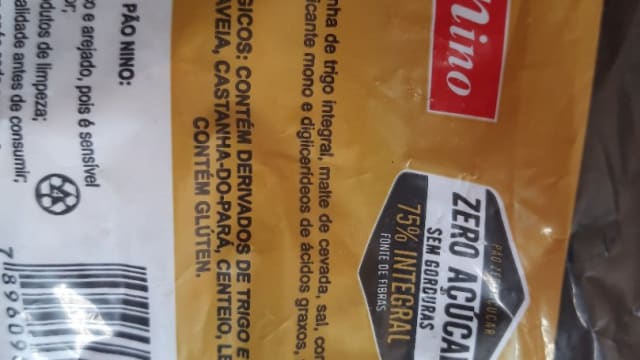 Rótulo do produto Pão Nino 75% Integral Zero Açúcar