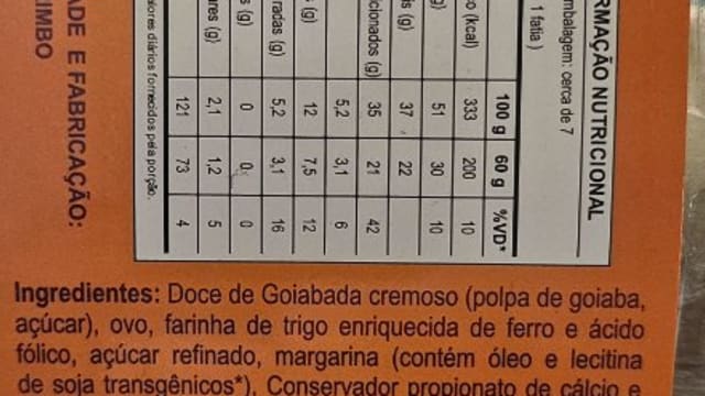 Rótulo do produto Bolo ou Produto de Padaria com Recheio de Goiabada