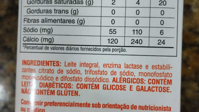 Rótulo do produto Leite Integral Zero Lactose