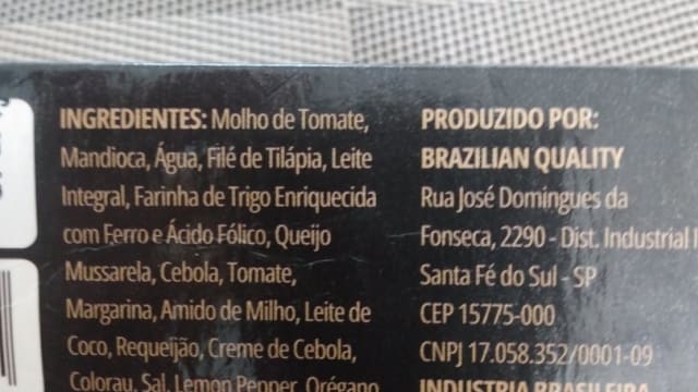 Rótulo do produto Prato de Tilápia com Mandioca