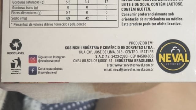 Rótulo do produto Sorvete Neval 0% Adição de Açúcares